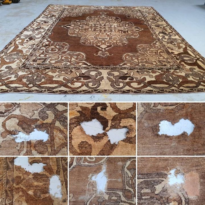 Tapis ancien à son arrivée à l'atelier, avec six détails de trous et de zones usées à reprendre