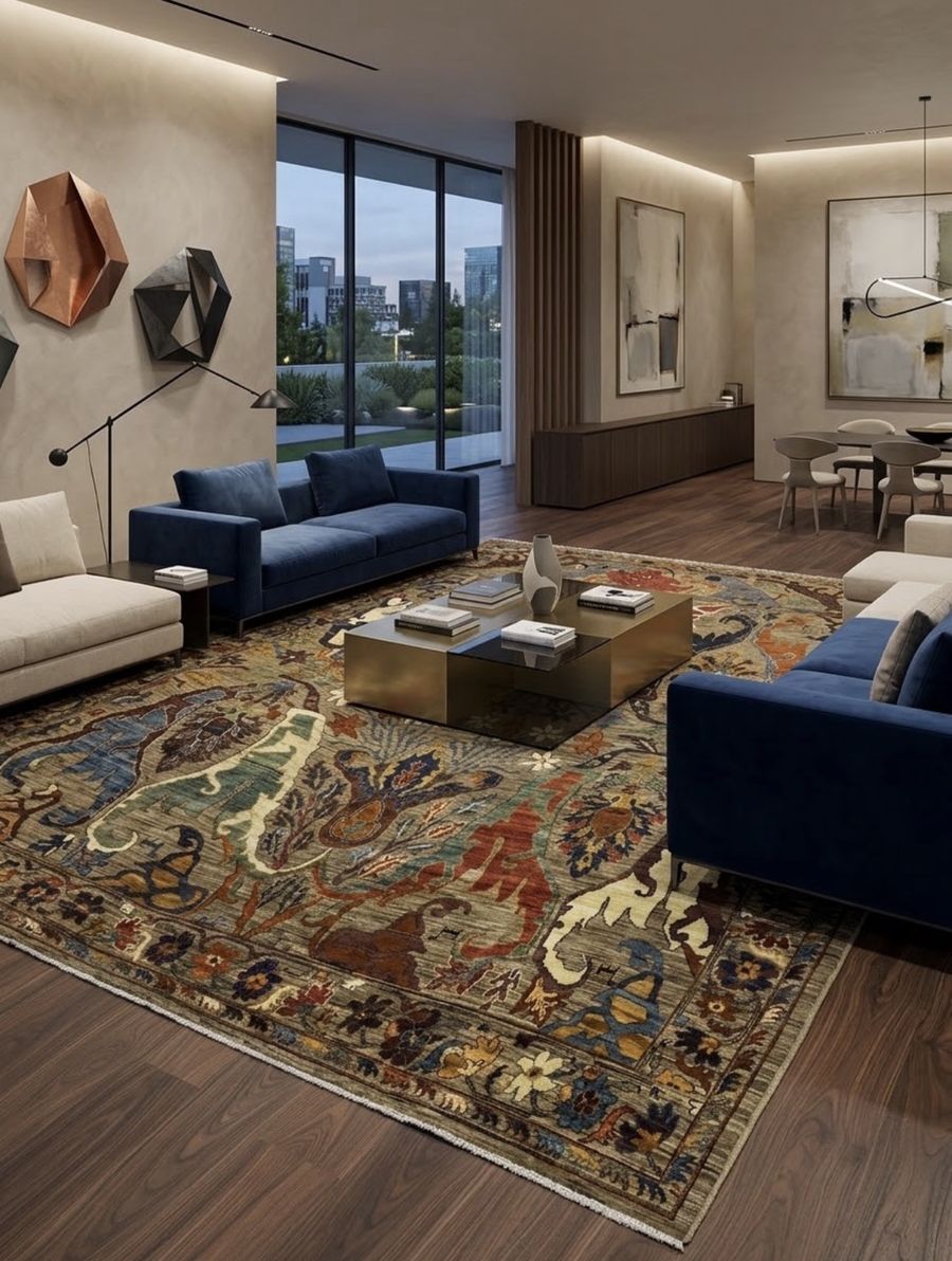 Grand tapis d'Orient aux motifs floraux dans un salon contemporain